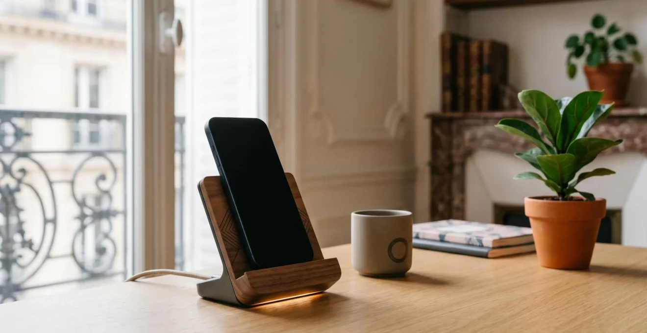 Station d'accueil moderne pour smartphone posée sur un bureau minimaliste avec éclairage naturel
