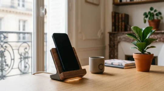 Station d'accueil moderne pour smartphone posée sur un bureau minimaliste avec éclairage naturel