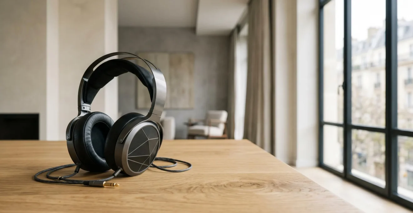 Installation audiophile professionnelle avec casque haute-fidélité dans un environnement moderne et épuré