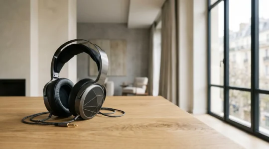 Installation audiophile professionnelle avec casque haute-fidélité dans un environnement moderne et épuré