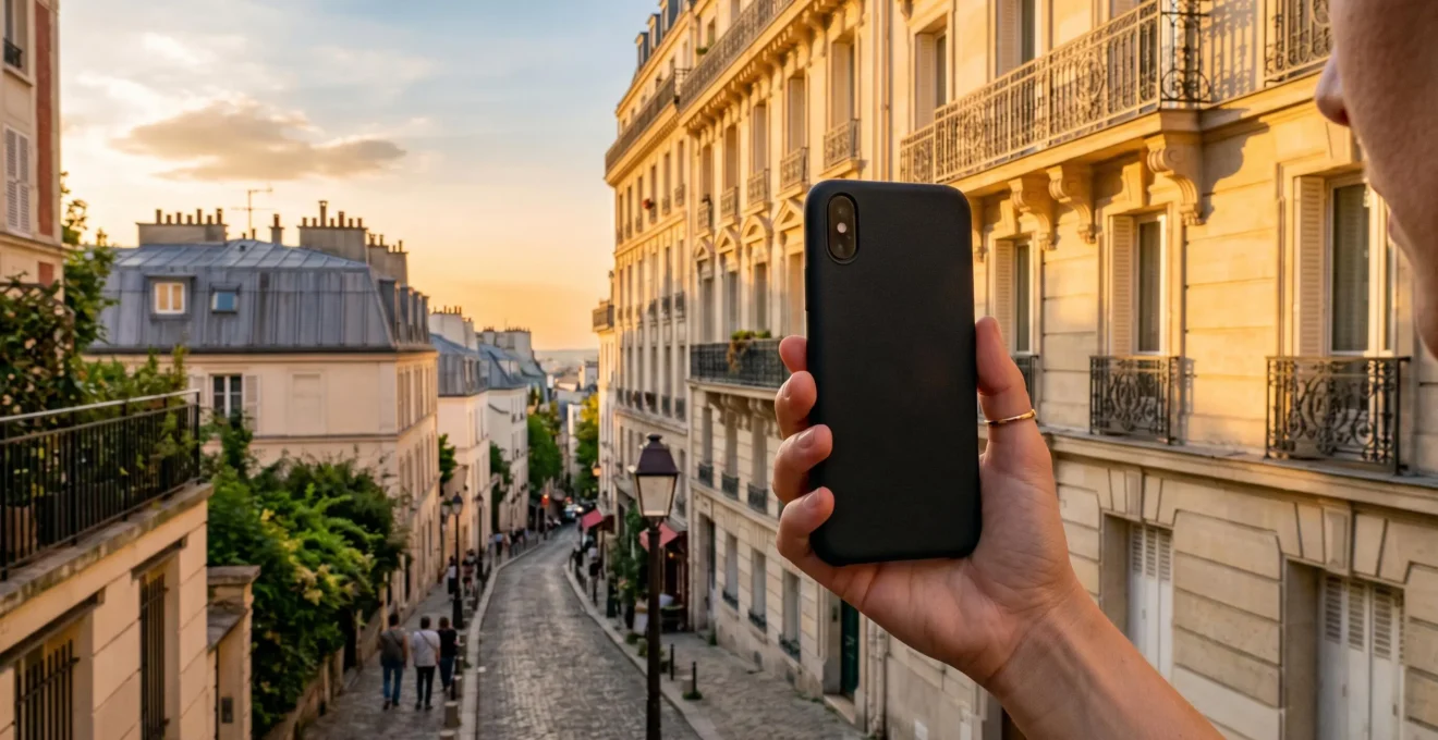 Main tenant un smartphone capturant un paysage urbain français au coucher du soleil avec une lumière dorée naturelle