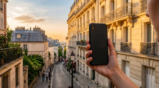 Main tenant un smartphone capturant un paysage urbain français au coucher du soleil avec une lumière dorée naturelle